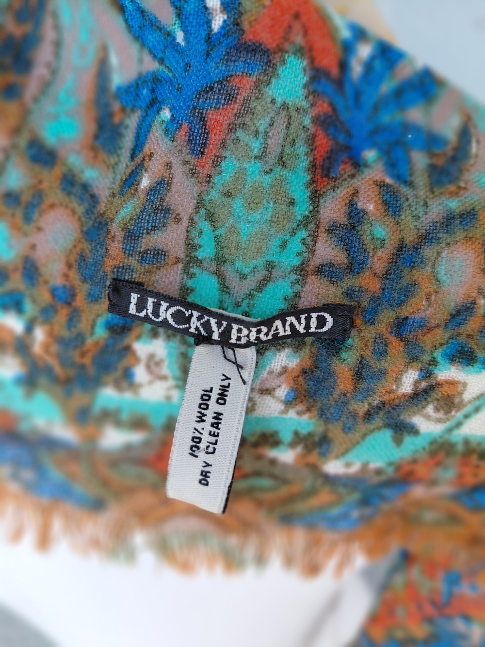 Lucky Brand Wool Boho Paisley Scarf Wrap Yellow Teal Blue Lightweight Fringe - Picture 6 of 9